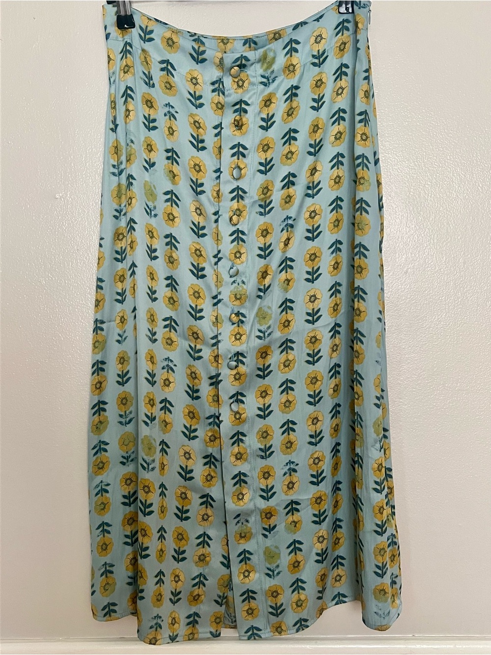 Free People Robins Egg Blue Maxi Skirt with Retro Yellow Floral Print